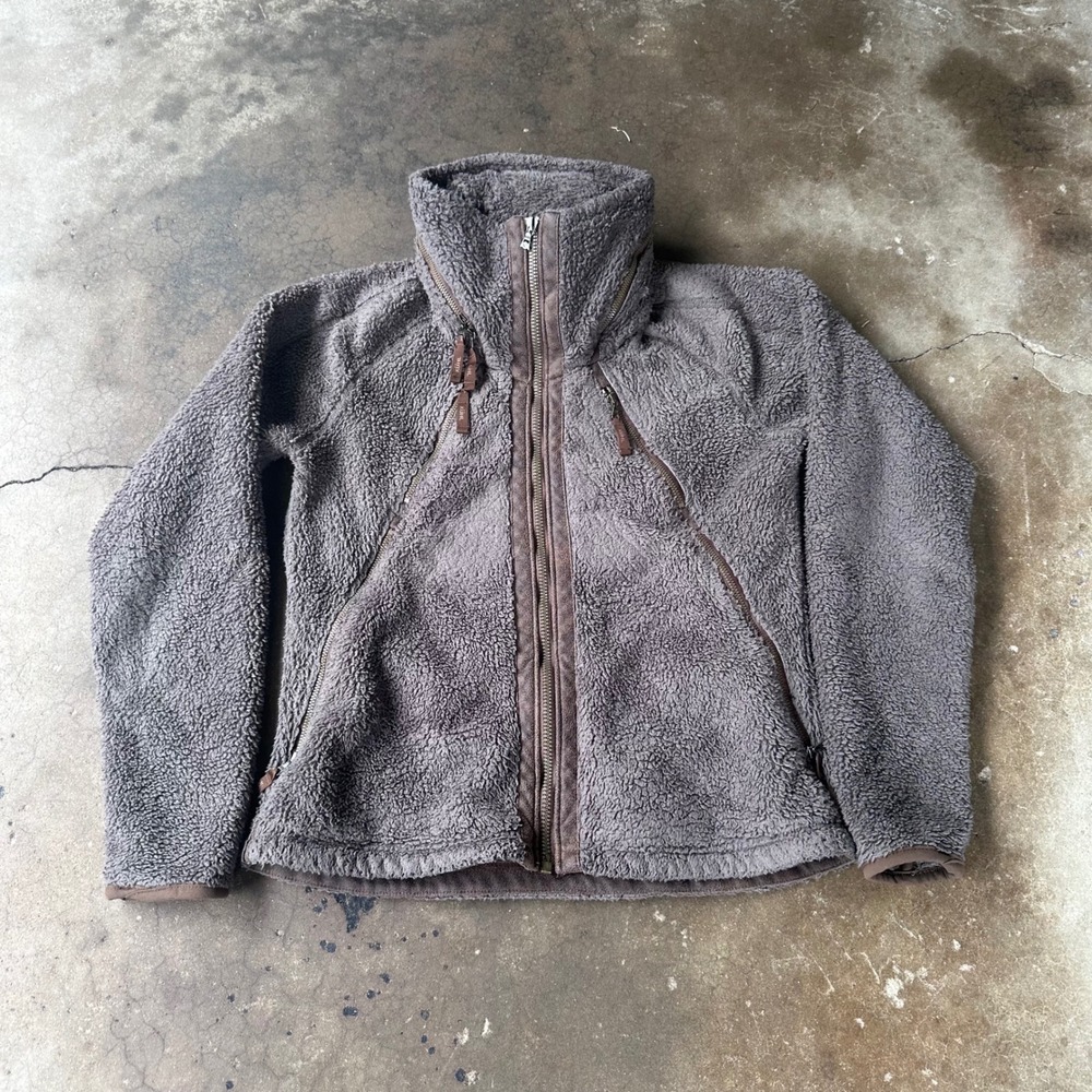 KUHL Flight Jacket Women Medium Brown Excellent Fleece Full Zip Stowaway Hood
